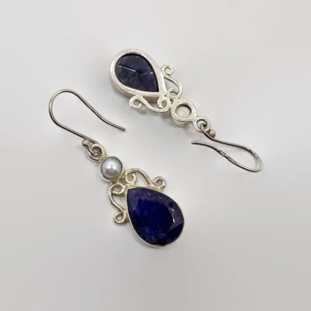 Spinel Earrings, Pearl, Sterling Silver, Pierced, Blue Stone, Dangle Earrings - Picture 4 of 4